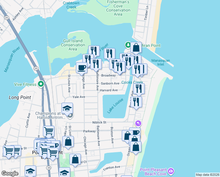 map of restaurants, bars, coffee shops, grocery stores, and more near 101 Harvard Avenue in Point Pleasant Beach
