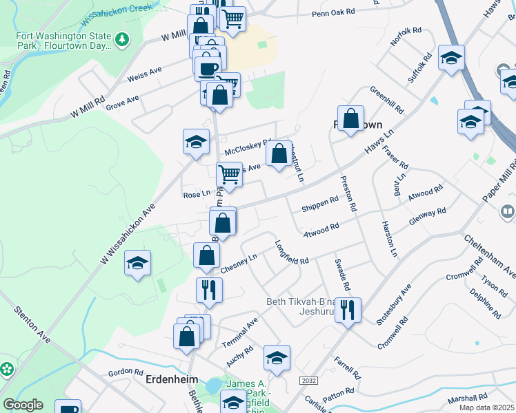 map of restaurants, bars, coffee shops, grocery stores, and more near 20 Haws Lane in Flourtown