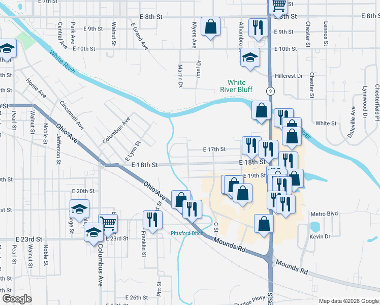 map of restaurants, bars, coffee shops, grocery stores, and more near 1614 East 17th Street in Anderson