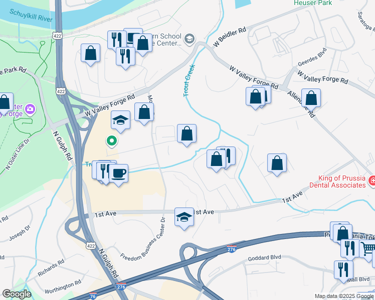 map of restaurants, bars, coffee shops, grocery stores, and more near 901 East 8th Avenue in King of Prussia