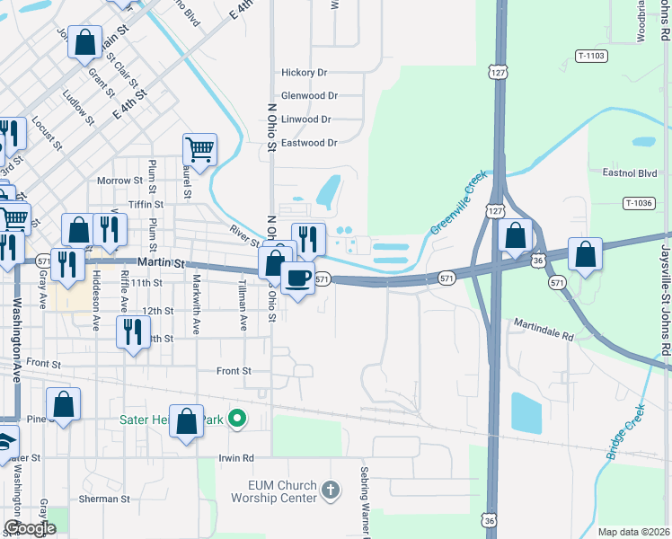 map of restaurants, bars, coffee shops, grocery stores, and more near 848-1096 Martin Street in Greenville