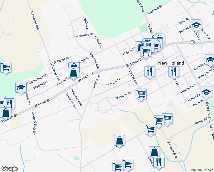 map of restaurants, bars, coffee shops, grocery stores, and more near 268 Locust Street in New Holland