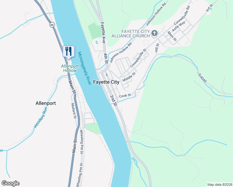 map of restaurants, bars, coffee shops, grocery stores, and more near 314 4th Street in Fayette City