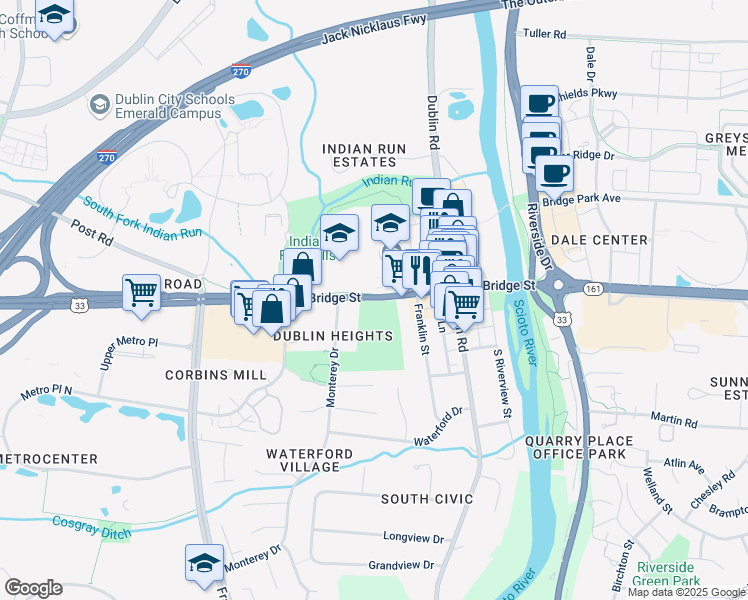map of restaurants, bars, coffee shops, grocery stores, and more near 185 West Bridge Street in Dublin