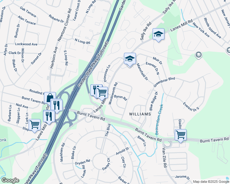 map of restaurants, bars, coffee shops, grocery stores, and more near 88 Wordsworth Road in Brick Township