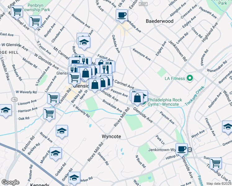map of restaurants, bars, coffee shops, grocery stores, and more near 230 Paxson Avenue in Glenside