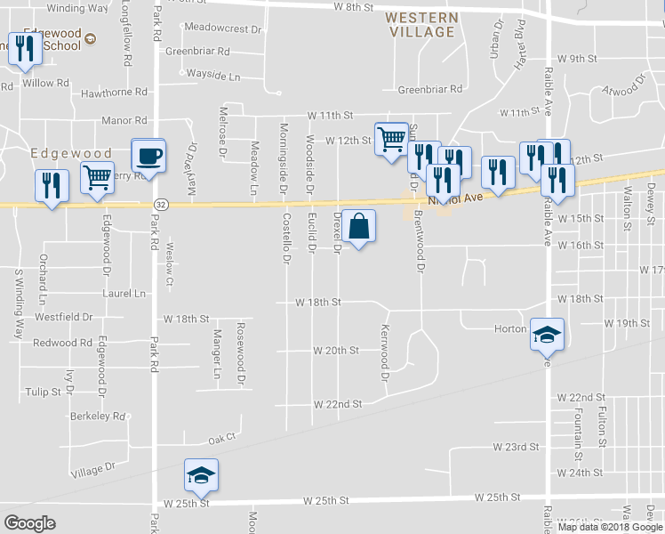 map of restaurants, bars, coffee shops, grocery stores, and more near 1621 Drexel Drive in Anderson