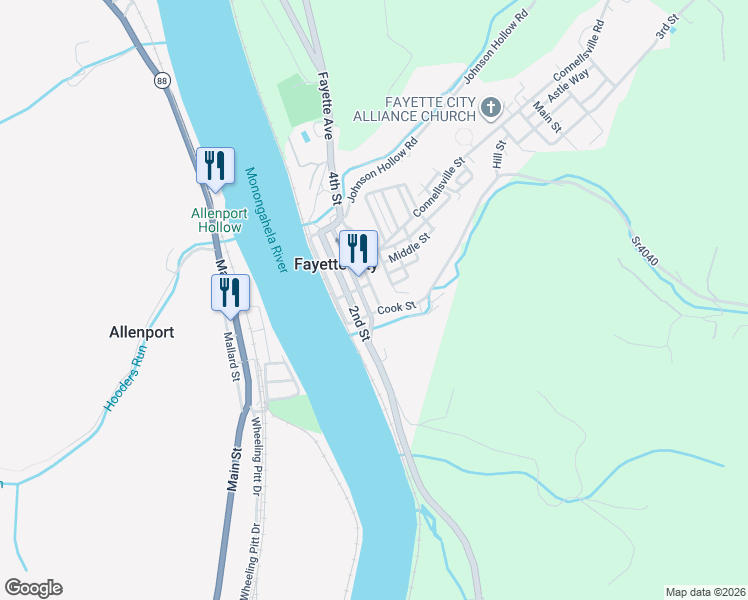 map of restaurants, bars, coffee shops, grocery stores, and more near 314 4th St in Fayette City