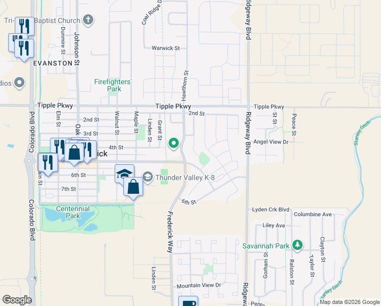 map of restaurants, bars, coffee shops, grocery stores, and more near 406 Pinyon Street in Frederick
