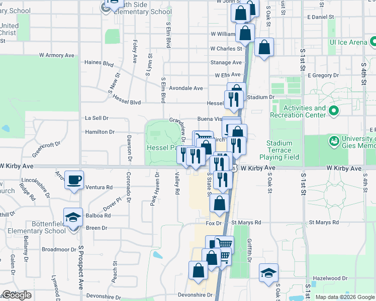 map of restaurants, bars, coffee shops, grocery stores, and more near 314 Cedar Street in Champaign
