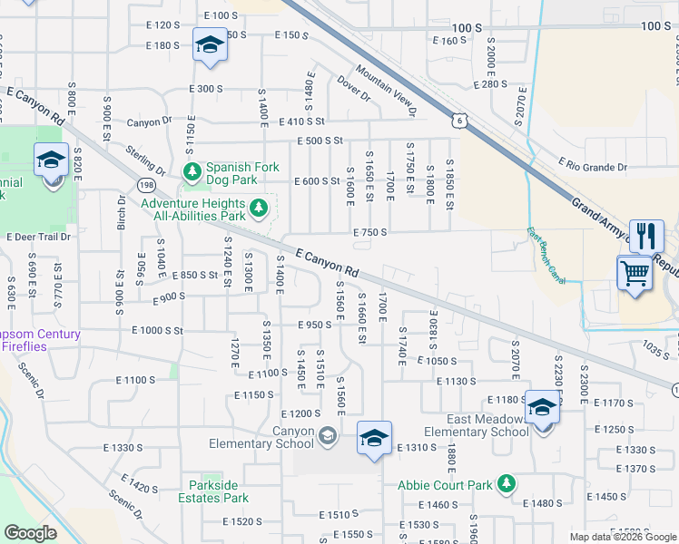 map of restaurants, bars, coffee shops, grocery stores, and more near 1519 East 820 South in Spanish Fork