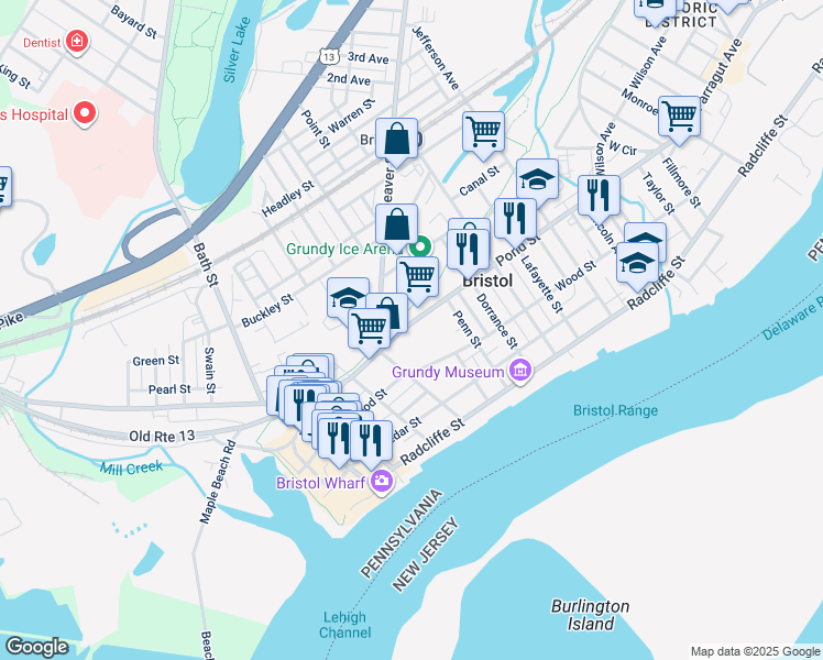 map of restaurants, bars, coffee shops, grocery stores, and more near 446 Pond Street in Bristol