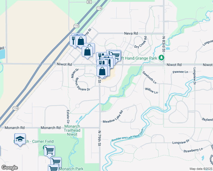 map of restaurants, bars, coffee shops, grocery stores, and more near 7955 Countryside Drive in Niwot