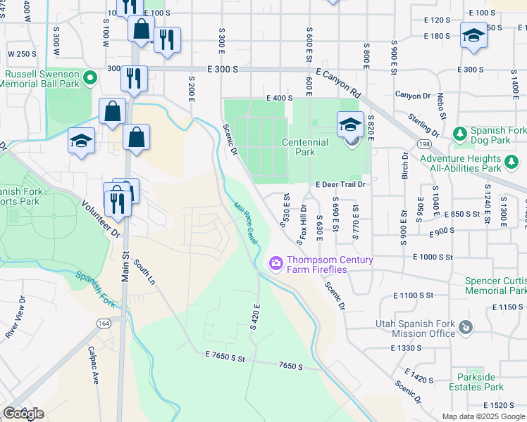 map of restaurants, bars, coffee shops, grocery stores, and more near 455 Scenic Drive in Spanish Fork