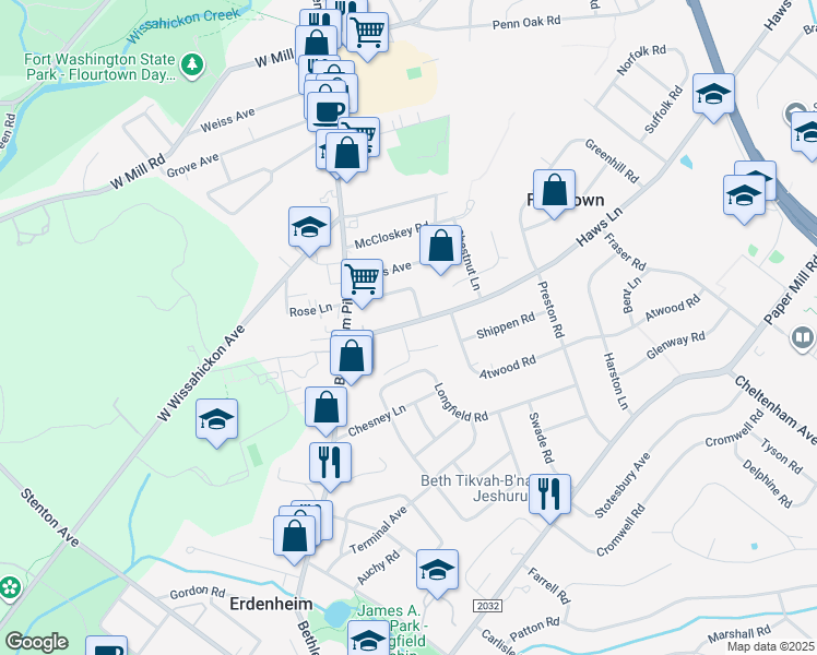 map of restaurants, bars, coffee shops, grocery stores, and more near 30 Franklin Avenue in Flourtown