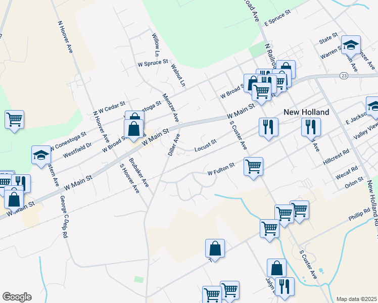map of restaurants, bars, coffee shops, grocery stores, and more near 268 Locust Street in New Holland