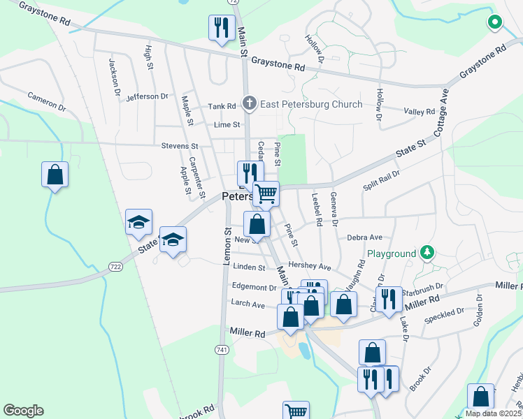 map of restaurants, bars, coffee shops, grocery stores, and more near 2 Cedar Street in East Petersburg