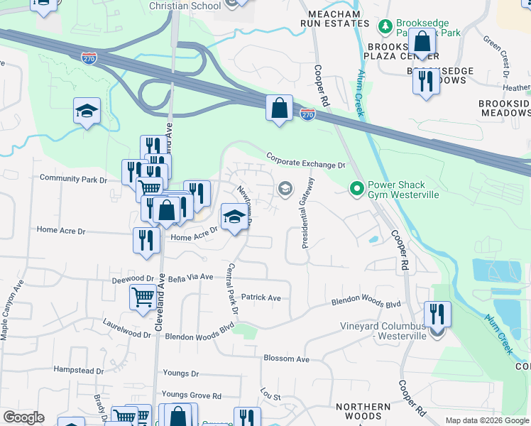 map of restaurants, bars, coffee shops, grocery stores, and more near 2703 Brianlane Boulevard in Columbus