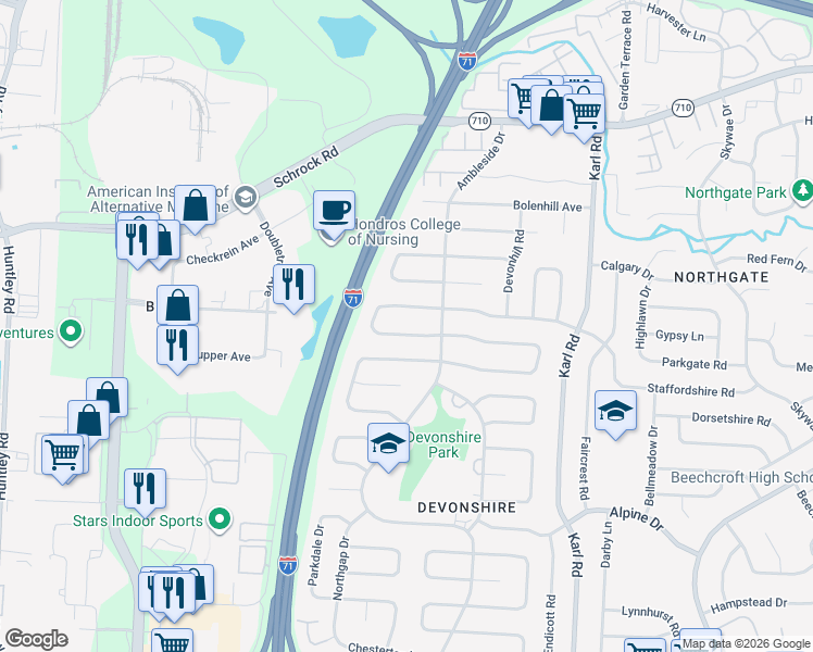 map of restaurants, bars, coffee shops, grocery stores, and more near 1307 Cranwood Square West in Columbus