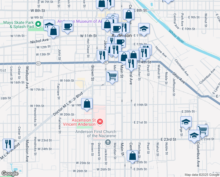 map of restaurants, bars, coffee shops, grocery stores, and more near 19 West 17th Street in Anderson