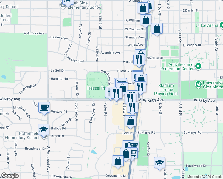map of restaurants, bars, coffee shops, grocery stores, and more near 314 Cedar Street in Champaign