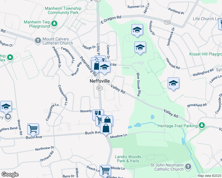 map of restaurants, bars, coffee shops, grocery stores, and more near 48 Valley Road in Lancaster