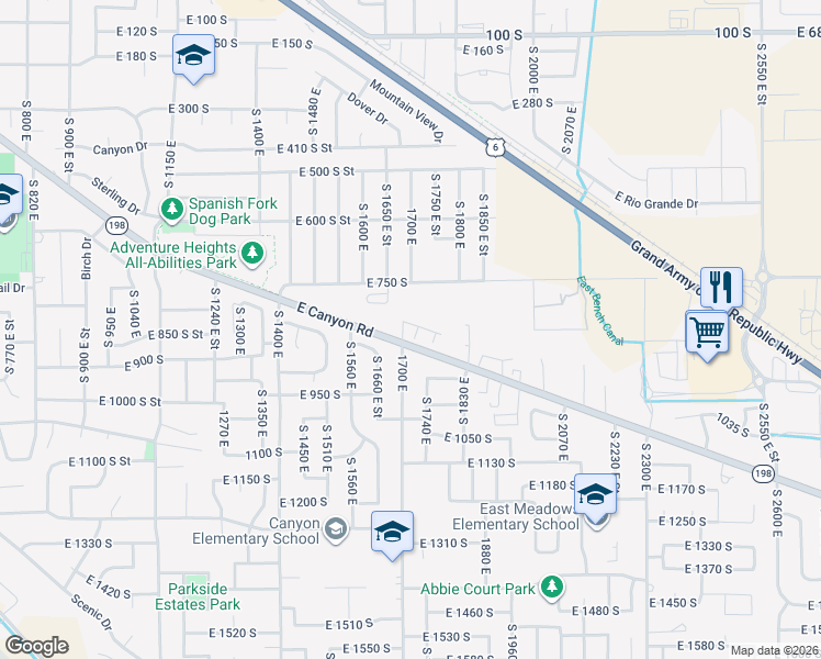 map of restaurants, bars, coffee shops, grocery stores, and more near 808 South 1710 East in Spanish Fork