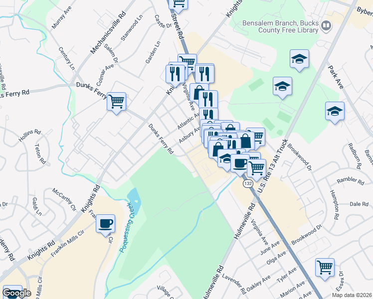 map of restaurants, bars, coffee shops, grocery stores, and more near 2145 Green Avenue in Bensalem