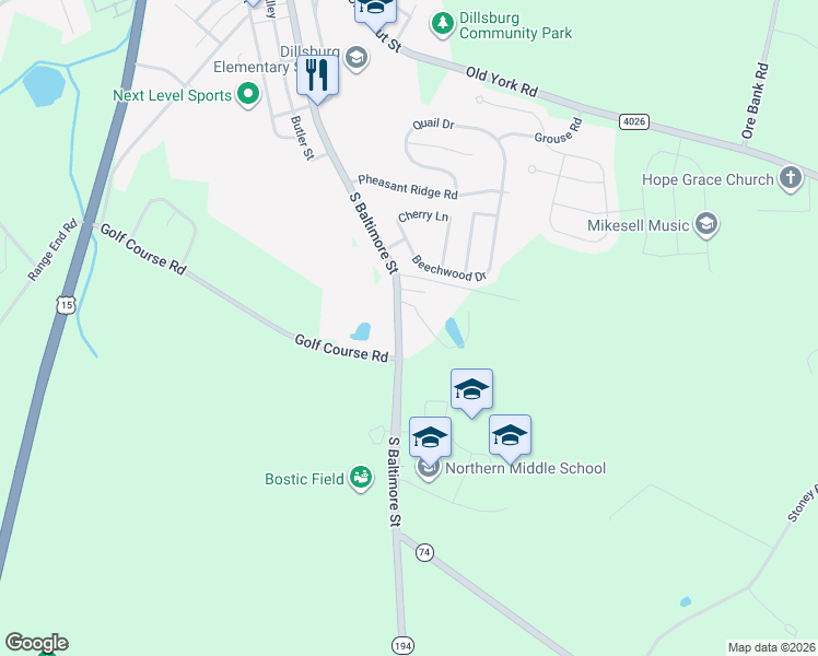 map of restaurants, bars, coffee shops, grocery stores, and more near 524 South Baltimore Street in Dillsburg