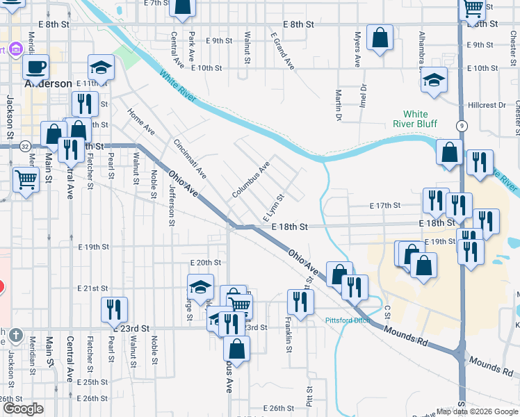 map of restaurants, bars, coffee shops, grocery stores, and more near 1716 Johnson Avenue in Anderson