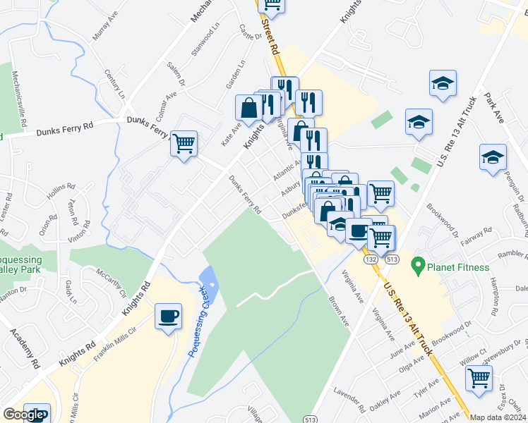 map of restaurants, bars, coffee shops, grocery stores, and more near 2191 Dunksferry Road in Bensalem