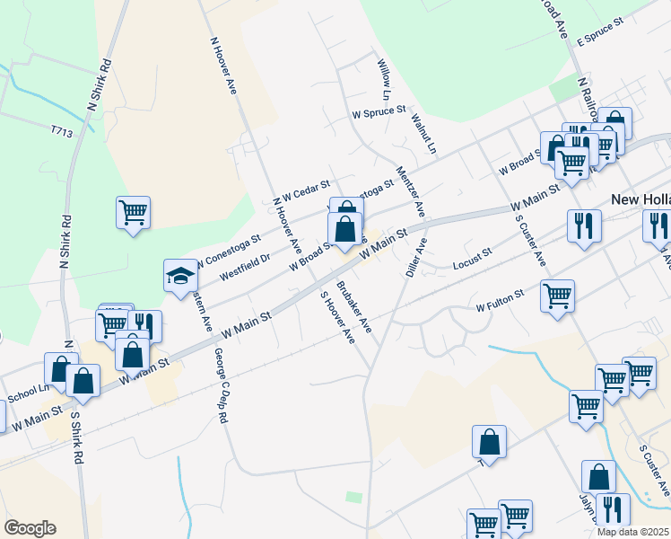 map of restaurants, bars, coffee shops, grocery stores, and more near 443 West Main Street in New Holland