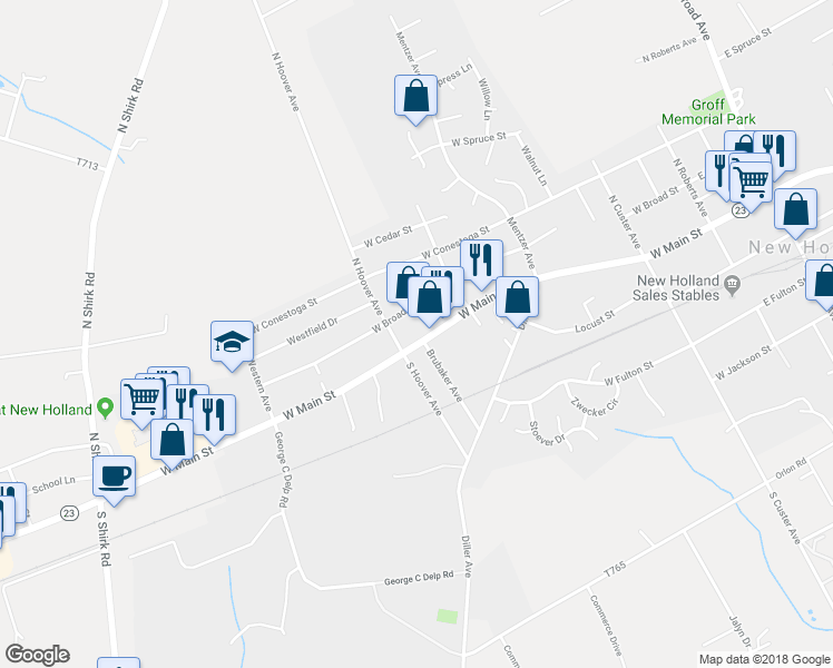 map of restaurants, bars, coffee shops, grocery stores, and more near 501 West Main Street in New Holland