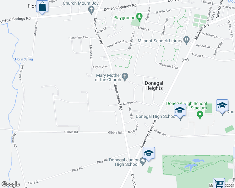 map of restaurants, bars, coffee shops, grocery stores, and more near 635 Union School Road in Mount Joy