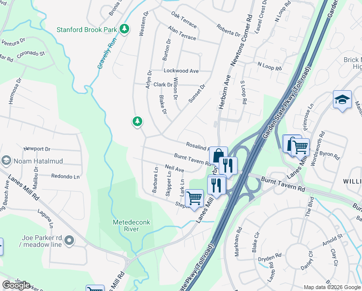 map of restaurants, bars, coffee shops, grocery stores, and more near 27 Rosalind Road in Brick Township