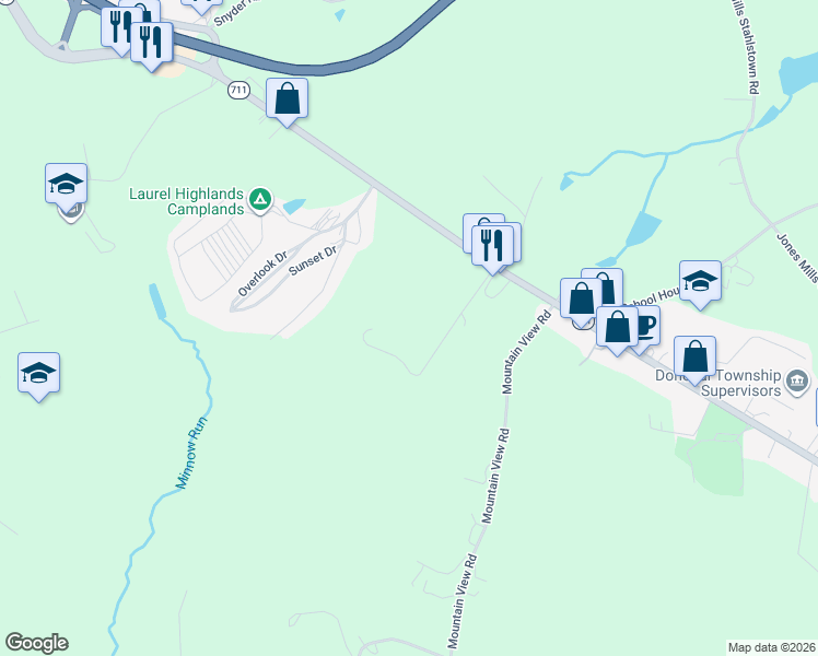 map of restaurants, bars, coffee shops, grocery stores, and more near 154 Whispering Pines Lane in Donegal