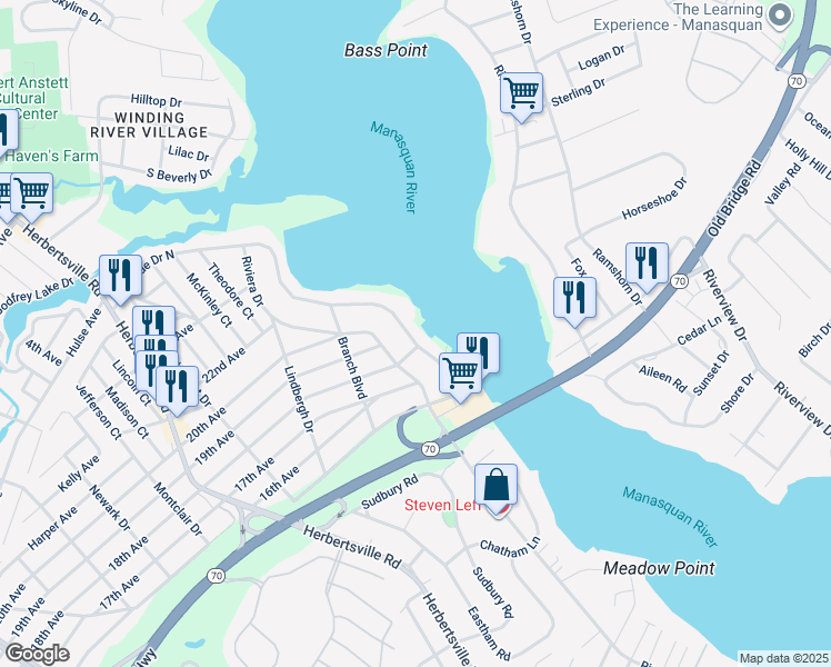 map of restaurants, bars, coffee shops, grocery stores, and more near 129 Riverside Drive North in Brick Township