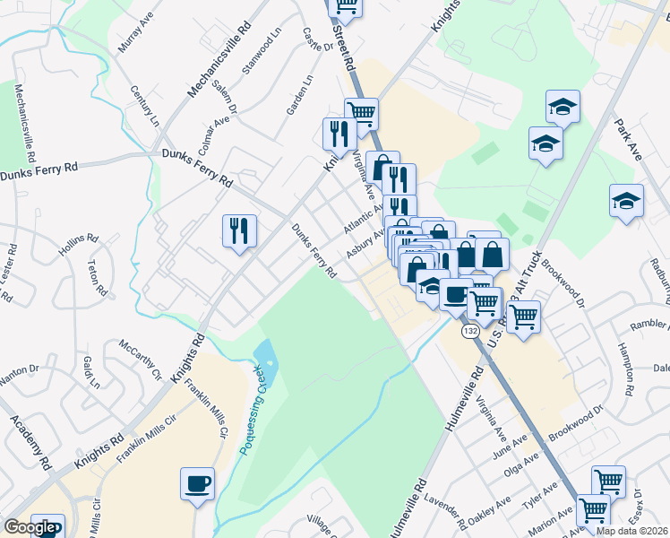 map of restaurants, bars, coffee shops, grocery stores, and more near 2725 Asbury Avenue in Bensalem