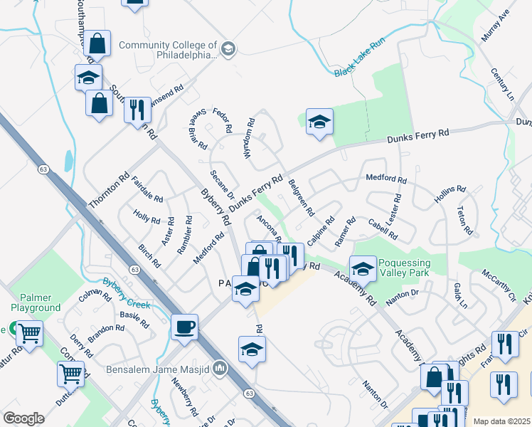 map of restaurants, bars, coffee shops, grocery stores, and more near 3217 Ancona Road in Philadelphia