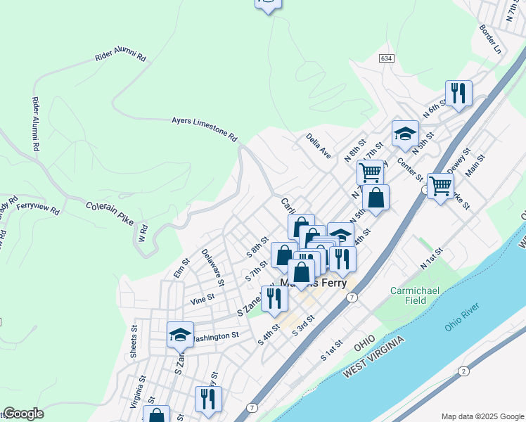 map of restaurants, bars, coffee shops, grocery stores, and more near 841 Hanover Street in Martins Ferry