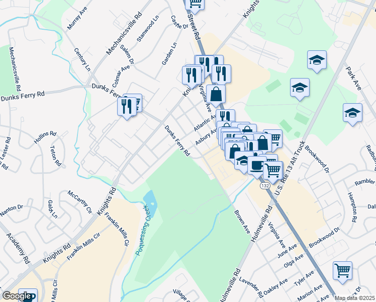 map of restaurants, bars, coffee shops, grocery stores, and more near 2191 Dunksferry Road in Bensalem