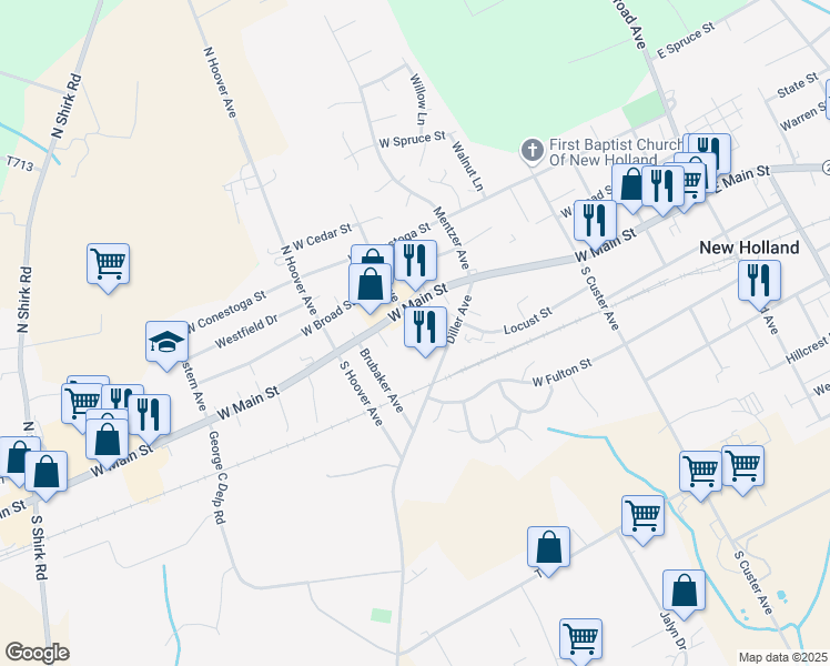 map of restaurants, bars, coffee shops, grocery stores, and more near 80 Diller Avenue in New Holland