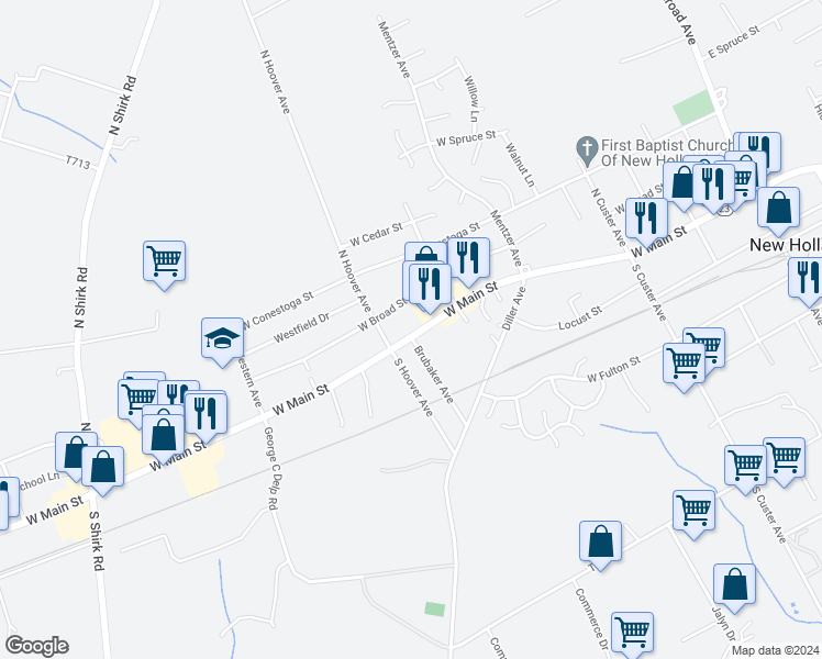 map of restaurants, bars, coffee shops, grocery stores, and more near 445 West Main Street in New Holland