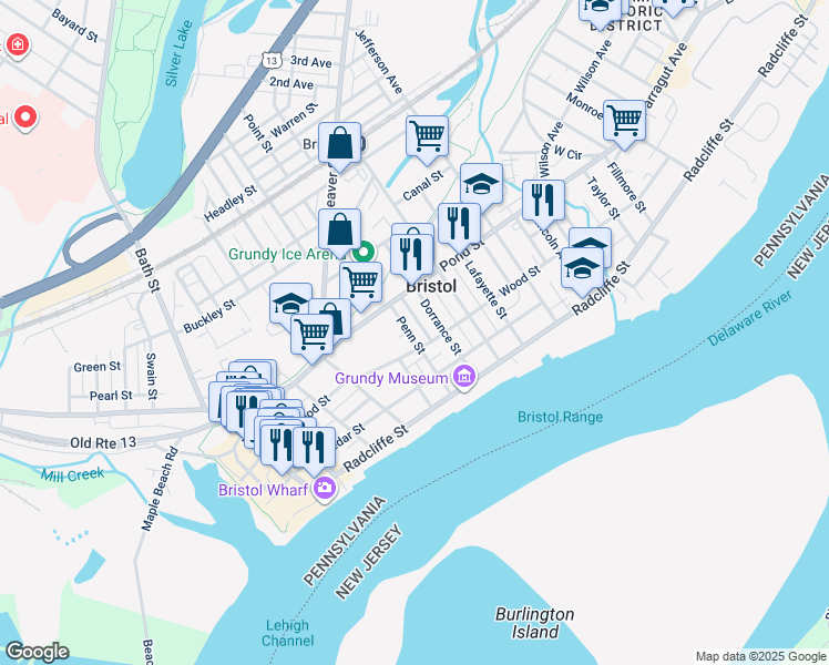 map of restaurants, bars, coffee shops, grocery stores, and more near 317 Penn Street in Bristol