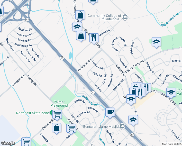 map of restaurants, bars, coffee shops, grocery stores, and more near 3110 Holly Road in Philadelphia
