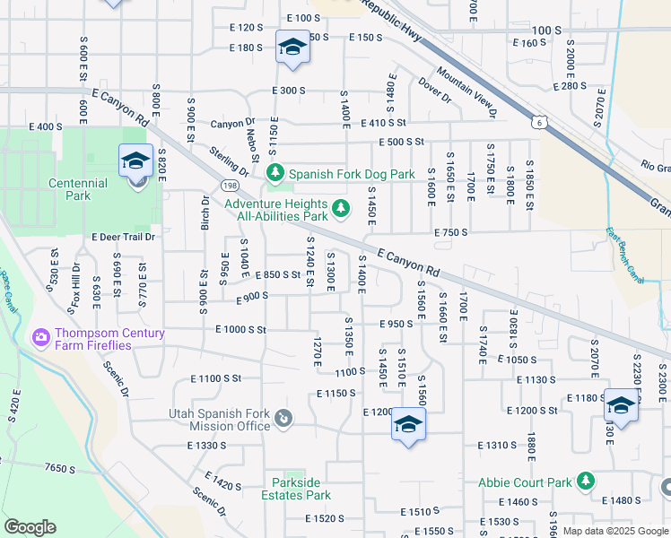 map of restaurants, bars, coffee shops, grocery stores, and more near 815 South 1300 East in Spanish Fork
