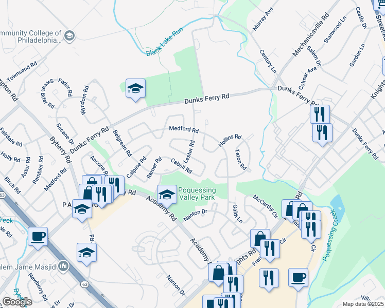 map of restaurants, bars, coffee shops, grocery stores, and more near 3343 Lester Road in Philadelphia