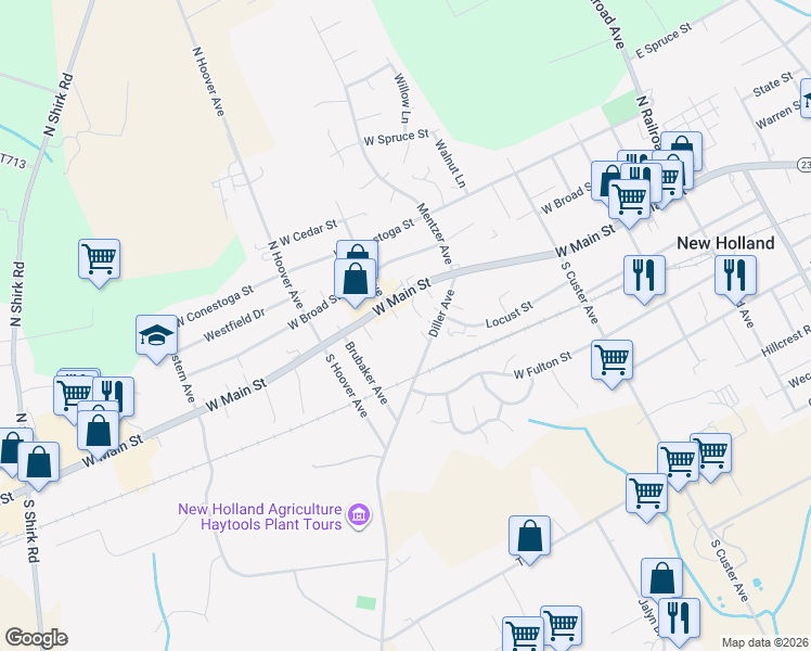 map of restaurants, bars, coffee shops, grocery stores, and more near 364 W Main St in New Holland