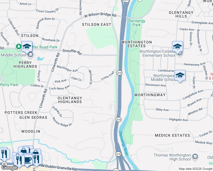 map of restaurants, bars, coffee shops, grocery stores, and more near 814 Tweed Court in Worthington