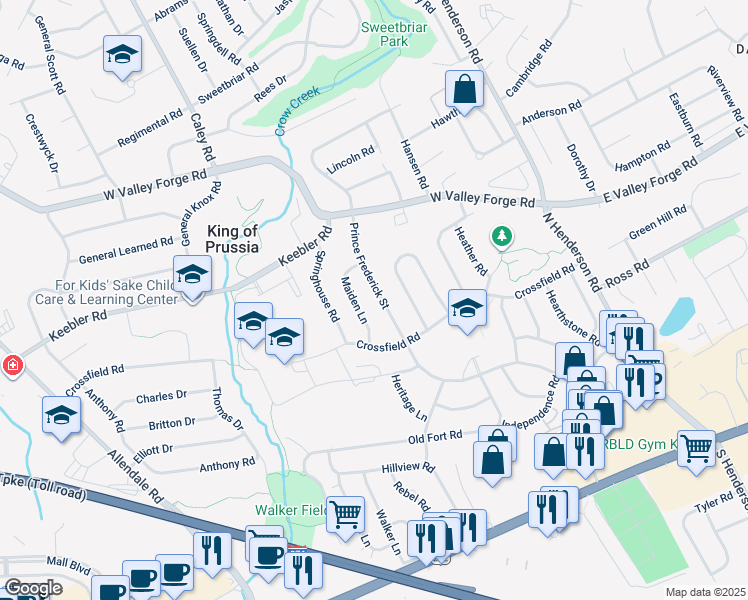 map of restaurants, bars, coffee shops, grocery stores, and more near 391 Prince Frederick Street in King of Prussia
